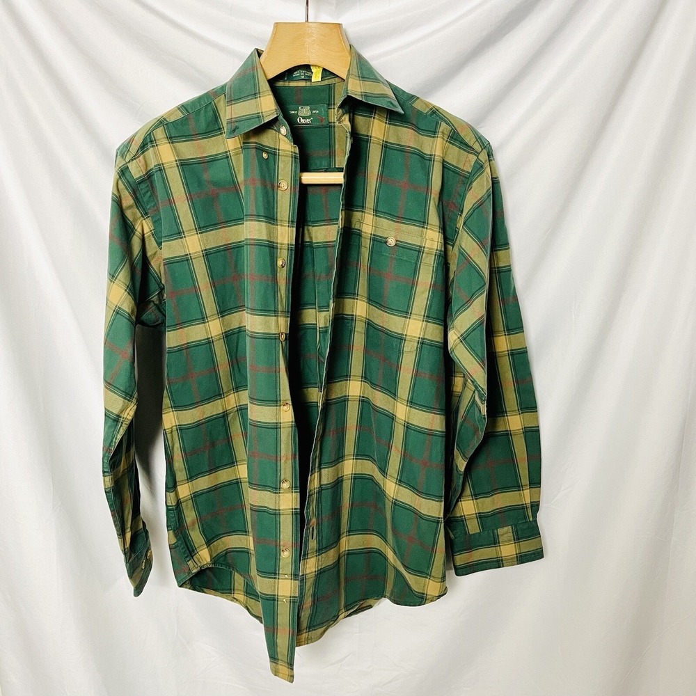 Orvis Shirt Mens Medium Button Down Green Multi Plaid Cotton Fishing Outdoors